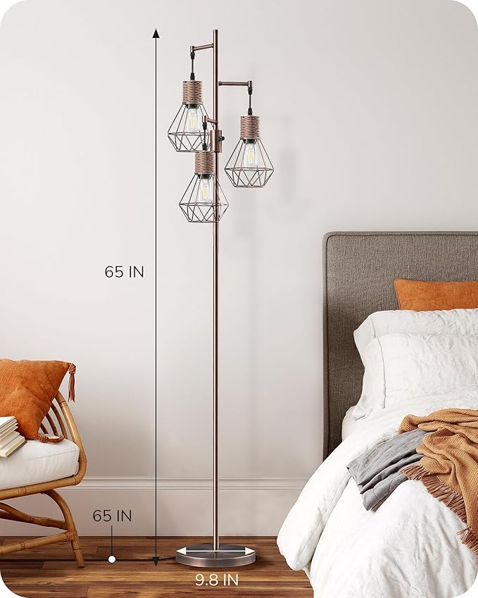 EDISHINE Farmhouse Floor Lamp Dimmable, Industrial Standing Lamp for Living Room, Diamond-Shaped Cage, Corner Rustic Rattan Tall Tree Reading Lamp Home Decor, Electroplated Brushed Red Copper