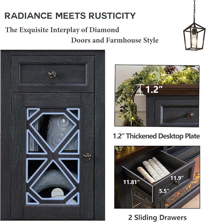 Farmhouse Fireplace TV Stand with 36" Electric Fireplace for 80 Inch TVs, 31" Tall Entertainment Center w/Drawer & Diamond Panel Door, Highboy Media Console for Living Room, 70inch, Dark Grey