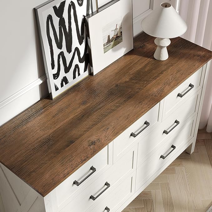 Farmhouse 7 Drawers Dresser for Bedroom, Modern Dresser with Metal Handle, Natural Texture, Wood Rustic Chest of Drawers for Bedroom,Living Room,Hallway and Entryway, Antique White