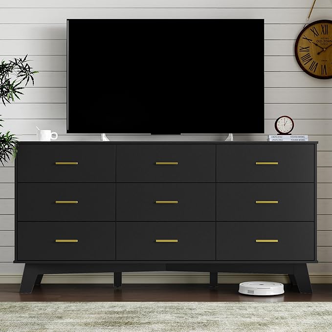 Dresser for Bedroom with 9-Drawer, 59" Wide Modern Chest of Drawers with Metal Handles, X-Shape Base & Adjustable Center Leg, Anti-Tip Closet Organizers and Storage