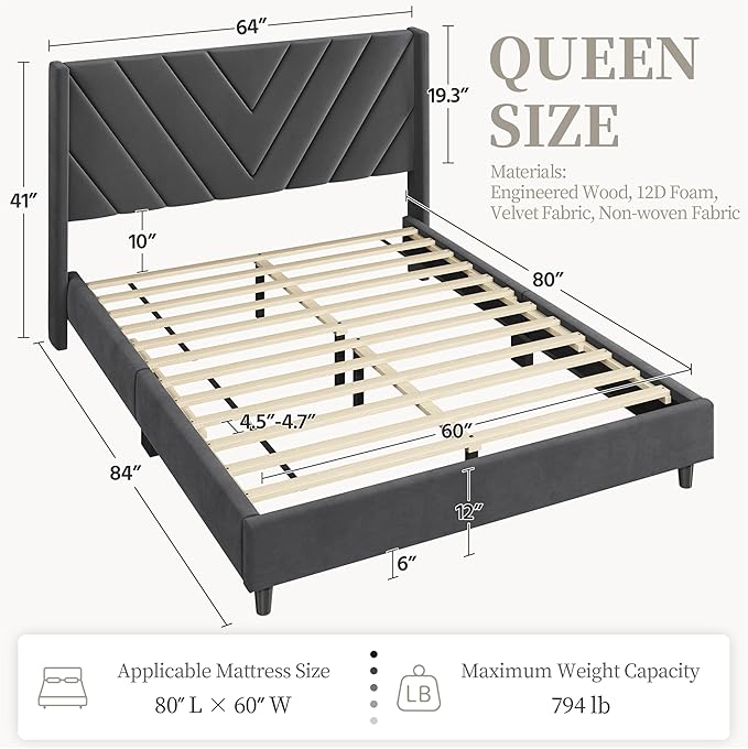Yaheetech Queen Bed Frame Upholstered Platform Bed with Wing Side/Wooden Slat Support/Tufted Headboard with Wing Side/Mattress Foundation/No Box Spring Needed,Deep Gray Queen Bed