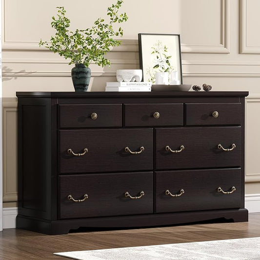 Farmhouse 7 Chest of Drawers for Bedroom, 54" Wide Wood Dresser with Bronze Retro Handles & 3D Drawer Fronts, Closet Dresser for Bedroom, Hallway, Espresso