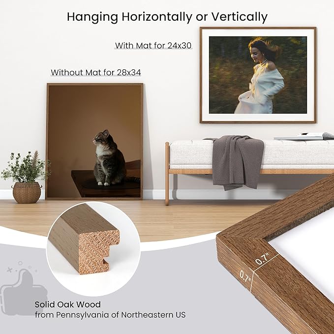 Axeman 28x34 Frame | Solid Oak Wood 28x34 Poster Frame With Mat for 24x30 | 34x28 Wood Picture Frame | Tempered Glass and Hanging Hardware Included Home Wall Decor Art Hanging Frame | Walnut