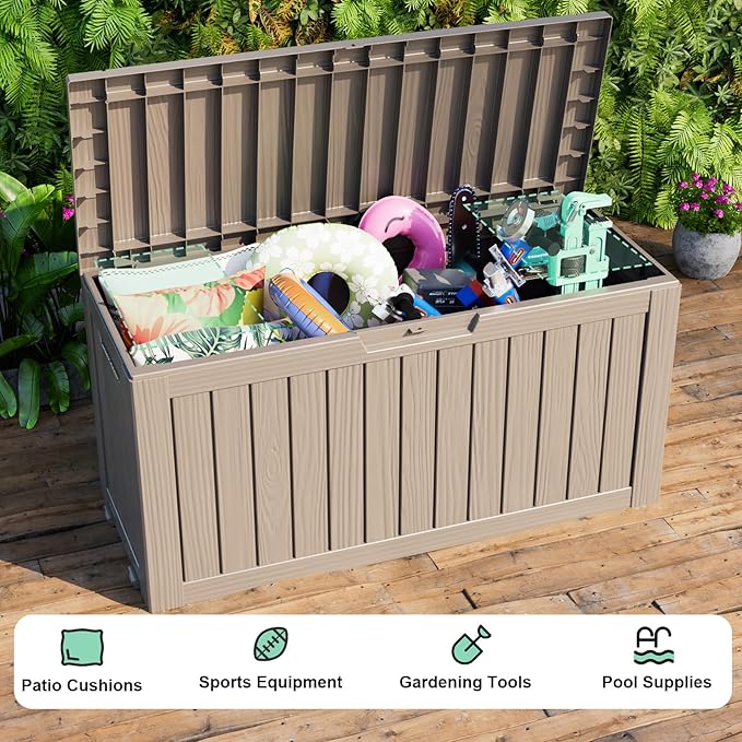80 Gallon Outdoor Storage Box Waterproof, UV Resistant Resin Deck Box with Hydraulic Rod, Reinforced Stability for Patio, Garden, Striped Gray