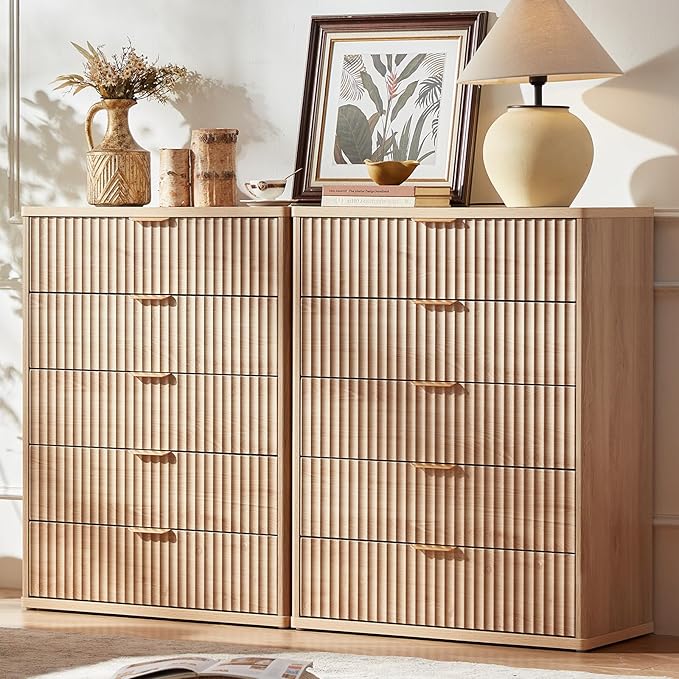 LEYAOYAO Fluted 5 Drawers Dresser for Bedroom Set of 2, 41" Tall Modern Chest of Drawers with Metal Handle, Curved Profile Design,Natural Wood Drawer Organizer for Bedroom, Living Room, Hallway