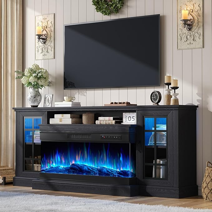 AMERLIFE 75in 3-Sided Glass Fireplace TV Stand with LED Lights for TVs up to 85", Rustic Fireplace Media Entertainment Center Console Cabinet Table with Glass Door Closed Storage, Black