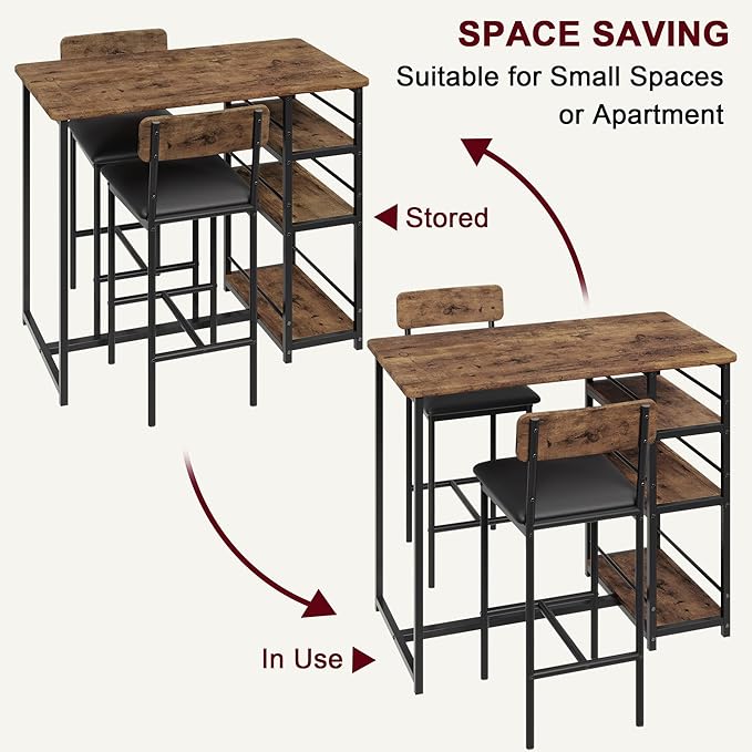 GAOMON Rustic Brown 3-Piece Counter Height Bar Kitchen Table Set with 3 Storage Shelves for Small Spaces, Apartment, Dining Table and 2 Upholstered Bar Height Chairs