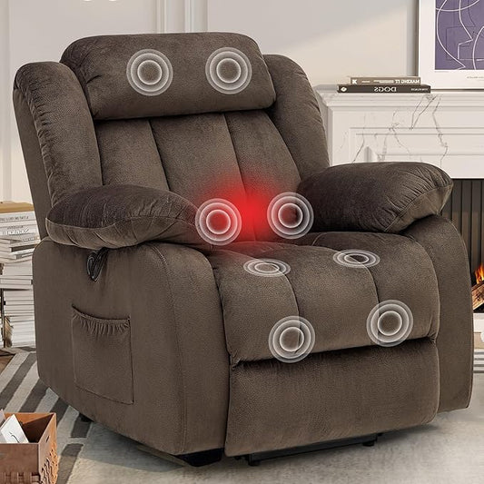 Power Lift Recliner Chair for Elderly with Heated and Massage, Adjustable Lift Chair Recliner, USB Port, Side Pocket, Plush Fabric, Brown