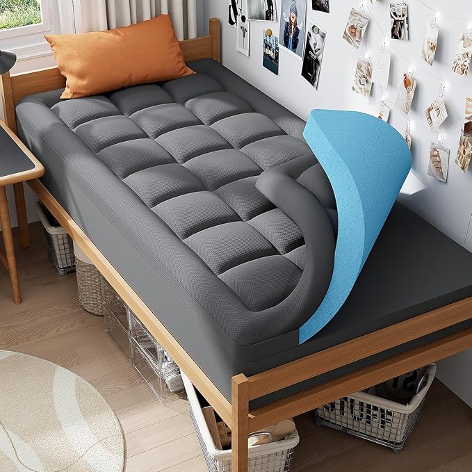 ELEMUSE Dual Layer 3 Inch Memory Foam Mattress Topper Twin, 2 Inch Cooling Gel Memory Foam Plus 1 Inch Down Alternative Pillowtop Mattress Pad with Cooling Cover, Soft Comfort Support, Grey