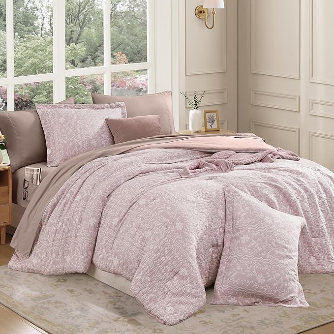 Queen Comforter Set -7 Pieces Floral Pink Comforter Set for All Seasons, Bed in a Bag Queen with Botanical Flowers Comforter, Sheets, Pillowcases & Shams