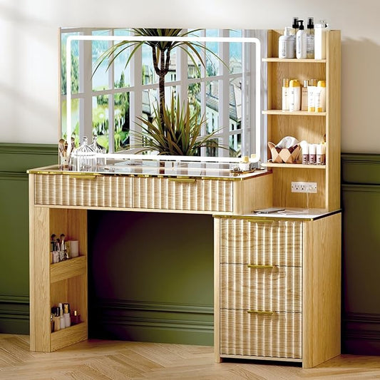 Modern Vanity Desk with Mirror and Lights, 49.2'' Fluted Makeup Vanity Desk with 5 Drawers and Shelves,Dressing Table with Glass Top and Power Outlet for Bedroom,Natural Oak