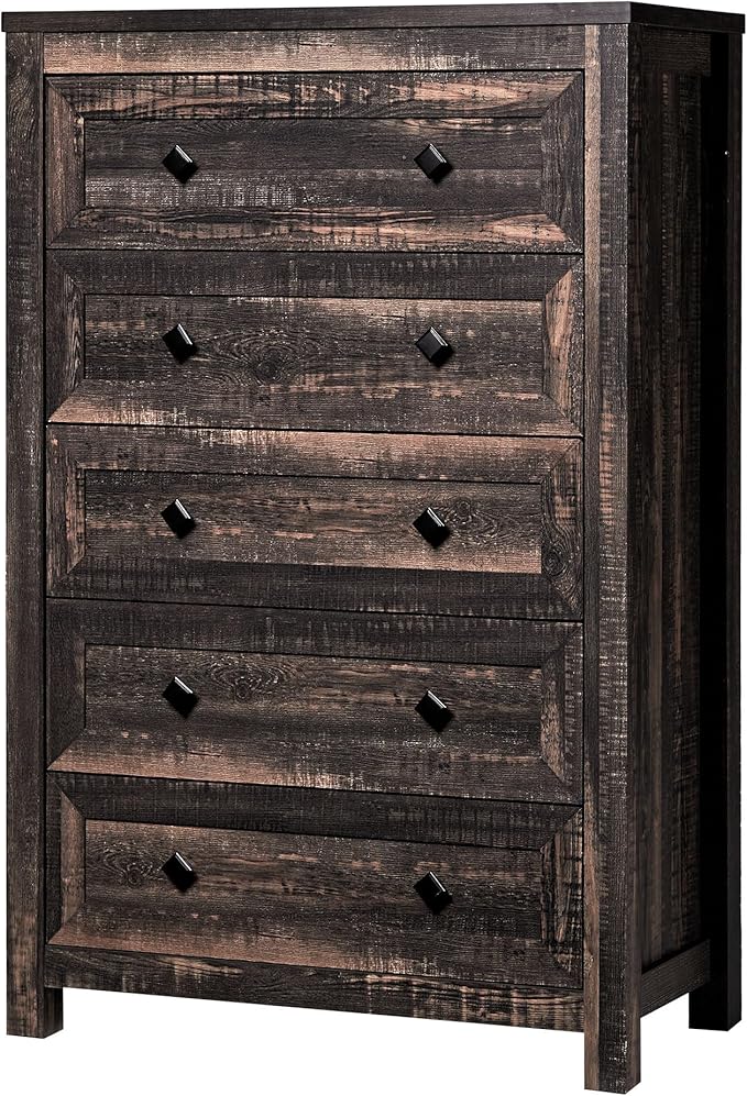Farmhouse 5 Drawers Dresser, Wood Rustic Chest of Drawers for Bedroom, Tall Dressers Organizer with Metal Handles, 5 Drawers Chest for Living Room, Hallway, Entryway, Dark Rustic Oak