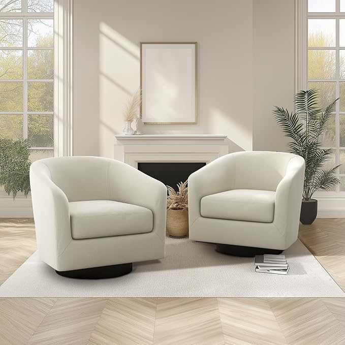 UIXE 360° Swivel Barrel Accent Chair Armchair, Round Club Arm Chair in Fabric for Lving Room, Modern Upholstered Small Bedroom Single Sofa Seat - Beige, Set of 4