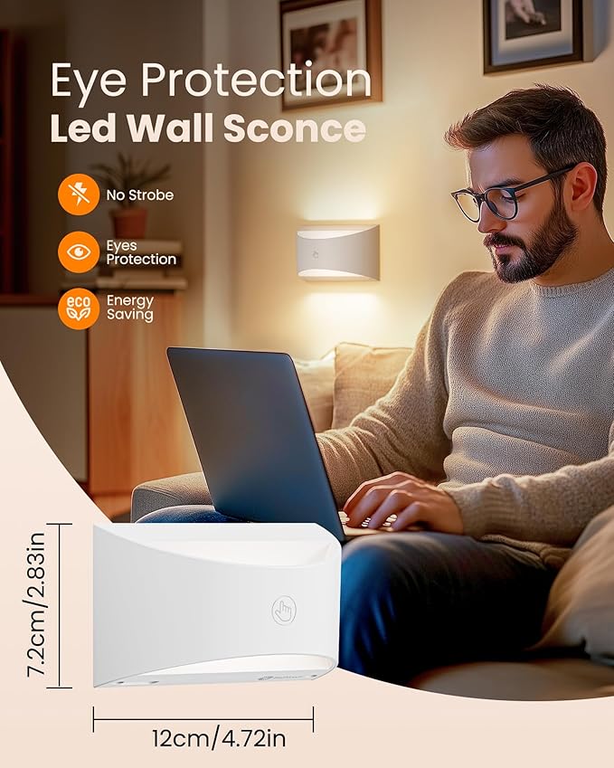 Brightown Battery Powered Wall Sconces Set of Two, Rechargeable Magnetic Wall Sconce with Remote Control, 3 Colors Wireless Up and Down Wall Mount Light for Hallway Bedroom Bedside Living Room(White)