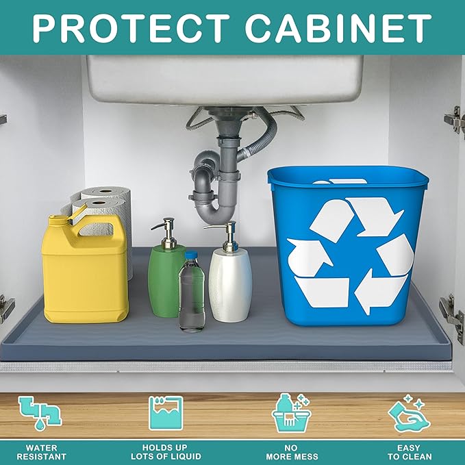 URMONA Waterproof Silicone Under Sink Mat 34'' x 19'' Shelf Liner for Kitchen and Bathroom, Cabinet and Counter Protector, Storage and Organizers, Litter Mat, Pet Cat Puppy Essentials(Dark Grey)