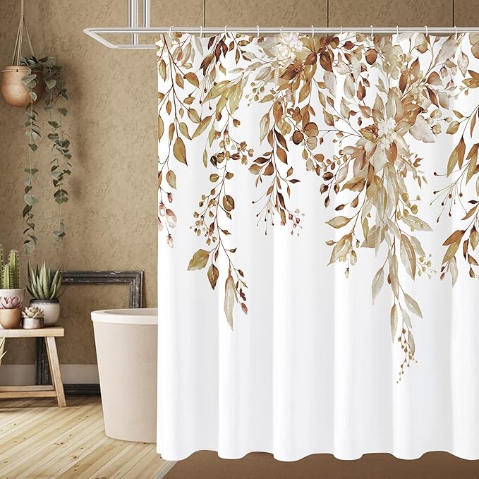 Gibelle Brown Eucalyptus Shower Curtain, Watercolor Plant Leaves with Floral Bathroom Shower Curtain Set with Hooks, 72x72