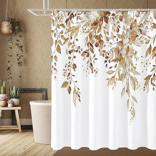 Gibelle Brown Eucalyptus Shower Curtain, Watercolor Plant Leaves with Floral Bathroom Shower Curtain Set with Hooks, 72x72