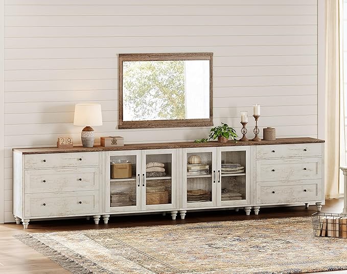WAMPAT Modern TV Stand for TVs up to 110 inch, 4 in 1 Entertainment Center with Storage Cabinets and 4 Glass Door, Media Console with 6 Drawer Dresser for Living Room, Rustic White