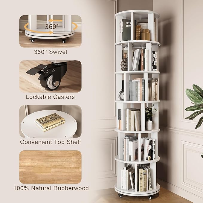 6 Tier Bookshelf Tower, 360° Solid Wood Spinning Bookcase with Swivel Wheels, Floor Standing Book Shelf for Small Space, Bookshelf for Home Office Study Room Bedroom Living Room