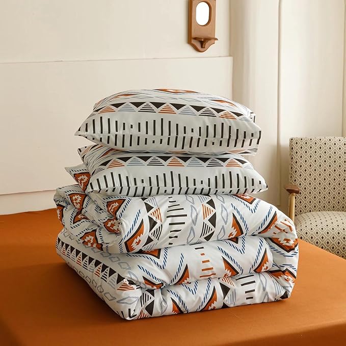 Luxlovery Beige Aztec Comforter Set King Boho Geometric Bedding Comforter Set American Farmhouse Tribal Ethnic Blanket Quilts Western 3pcs Comforter Set King Size