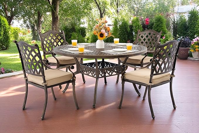 5 Piece Outdoor Dining Set Cast Aluminum, Retro Patio Dining Furniture Set for 4 Includes 54’’ Round Table 4 Chairs with Thicker Cushion and Umbrella Hole for Patio Deck Garden