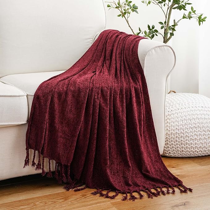 BATTILO HOME Burgundy Chenille Throw Blanket, Decorative Red Knit Throw with Fringe, Lightweight for Christmas Decor, 50"x60"