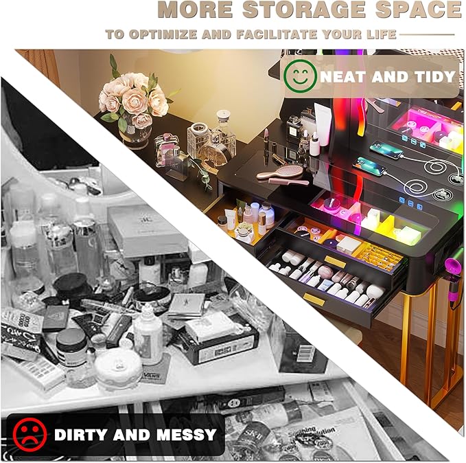 RGB Makeup Vanity Desk with Wireless Charging Station,7 Dynamic and 7 Static Dimmable Vanity Table with Glass Desktop,Vanity Mirror with Lights Desk and Chair,8 Drawers,Stool