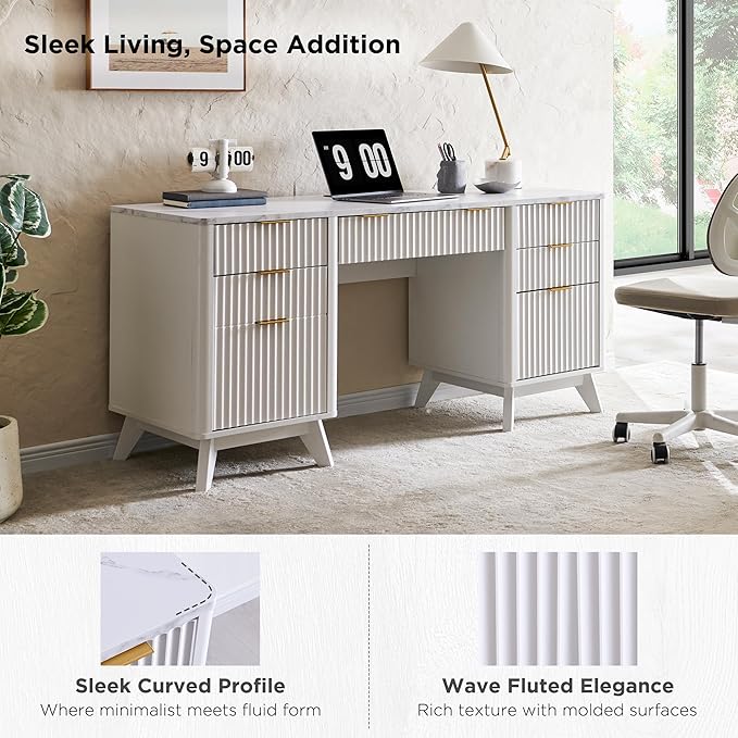 T4TREAM Fluted Executive Desk with Drawers, 60" Modern Home Office Computer Desk with Charging Station, File Cabinet, Keyboard Tray and Storage Cabinet for Study, Living Room, Bedroom, Solid White