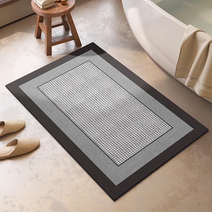Non Slip Thin Bath Mat Bathroom Rugs, Rubber Backing Ultra Thin Bathroom Rug Fit Under Door, Quick Dry Super Absorbent Washable Shower Bath Mats, Grey 20x32