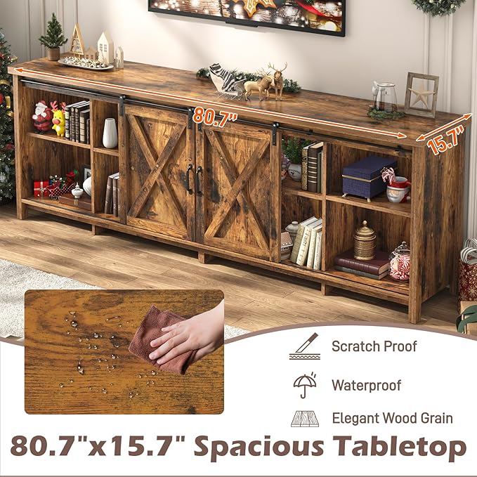 Farmhouse TV Stand for 90 Inch TV with Sliding Barn Door, Rustic Wood Entertainment Center Large Media Console Cabinet Long Television Stands,Console Table and Media Furniture for Living Room(Brown)