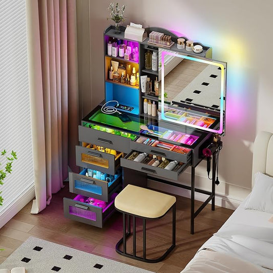 RGB Vanity Desk with Sliding Mirror and Lights,Makeup Vanity with Charging Station,LED Vanity Table with Glass Top,Girls Vanities Dressing Table Set with Stool&6 Drawers for Bedroom(Grey)