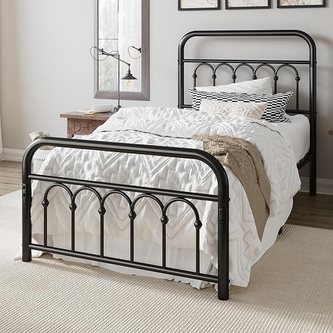 Allewie 14 Inches Twin Size Metal Platform Bed Frame with Victorian Style Curved Iron-Art Headboard/Footboard, Metal Slats Support, Easy Assembly, Under Bed Storage, No Box Spring Required, Black