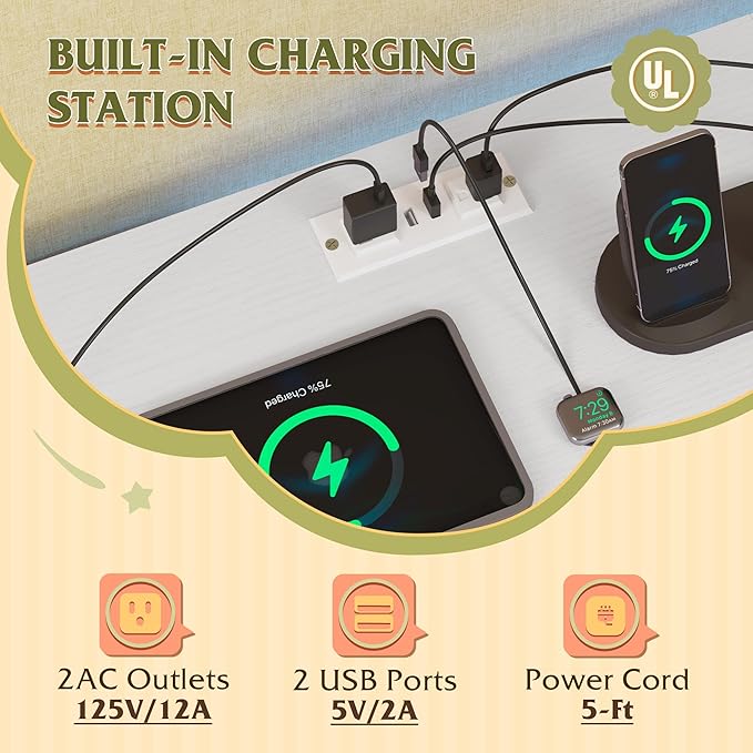 WLIVE White TV Stand for 55, 60, 65 inch TV, Entertainment Center with LED Lights & Charging Station, TV Media Console Table with 15 Fabric Drawers and Open Shelves for Living Room, Hallway, Wood Top