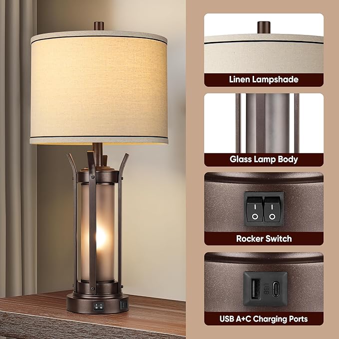 QiMH Farmhouse Table Lamps Set of 2 for Living Room, Beside Lamps for Bedroom with USB A+C Charging Ports, Rustic Nightstand Lamp with Frosted Glass Night Light, 4 Bulbs Included (Oil Rubbed Bronze)