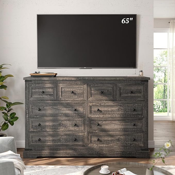 EnHomee 10 Drawer Dresser for Bedroom,55.11" W Wood Dressers and Chests of Drawers with Smooth Metal Rail,Large and Wide TV Stand Hallway,Dark Rustic Oak,14.9" D x 55.11" W x 35.6" H