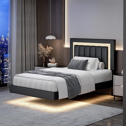 HOMBCK Floating Bed Frame Twin with Smart LED Lights, Faux Leather Upholstered Platform Bed with Diamond Headboard, No Box Spring Needed, Noise Free, Easy Assembly, Black