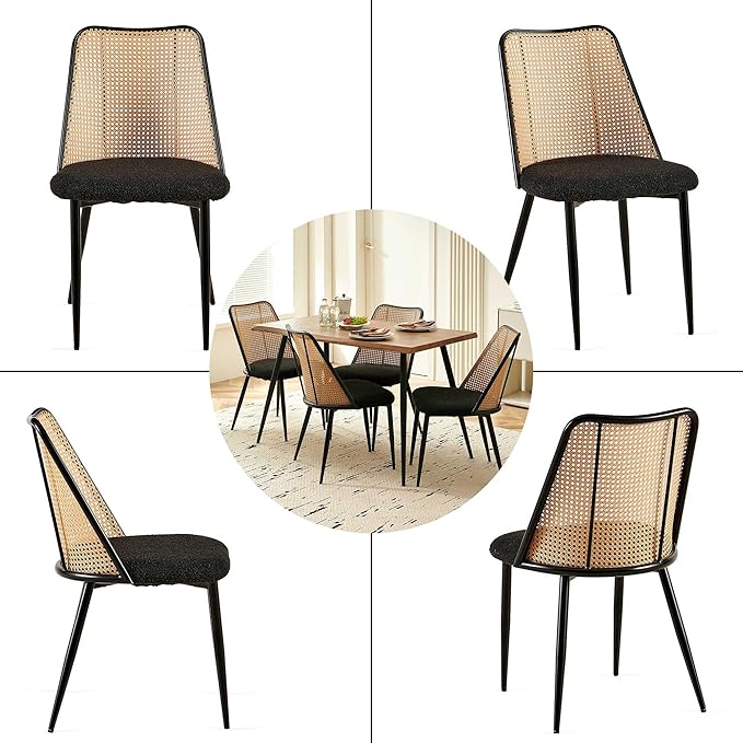 47-Inch Rectangular Dining Table Set for 4, 5 Pieces Kitchen Table Set with 4 Seater Dining Chairs Upholsetered Boucle Room Chairs Curved Rattan Backrest for Kitchen Apartment Restaurant