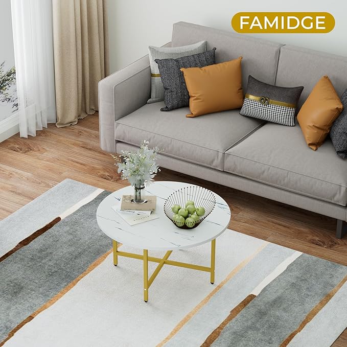 Coffee Table, 23.6" Coffee Tables for Living Room, Round Coffee Table with Metal Frame, Floor Table for Sitting on The Floor, Home, Office, White & Gold Legs