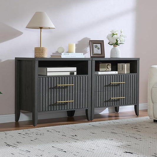 Fluted Nightstands with 2 Drawers, 27" Modern Nightstands Set of 2 with Storage Shelf, Large Queen Size Bedside Table and End Table for Bedroom,Hallway,Office, Dark Gray