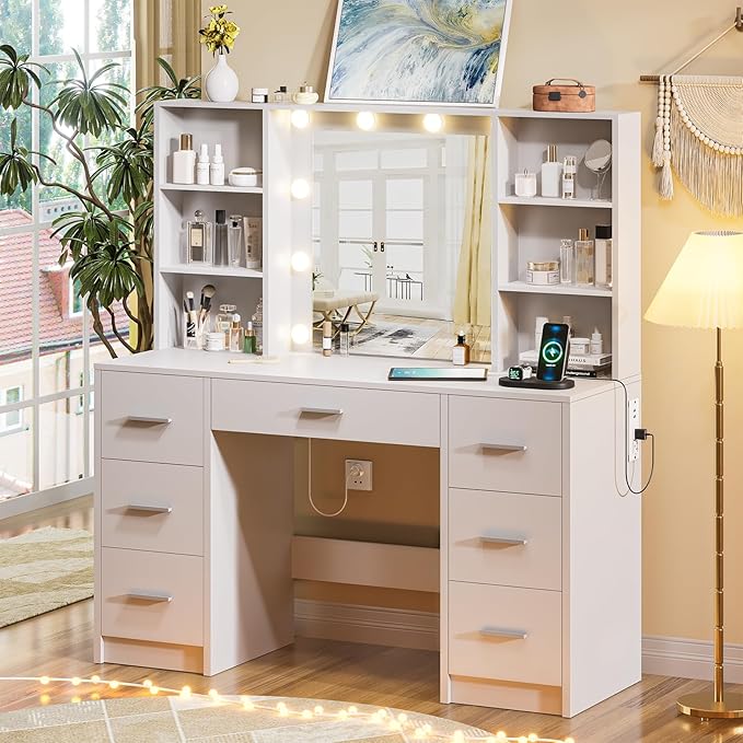Makeup Vanity Desk with Mirror,10 Lights and Power Strip,Large Makeup Vanity with Shelves and 7 Drawers, Vanity Desk Dressing Table with 3 Color Adjustable Light,Vanity Table (White)