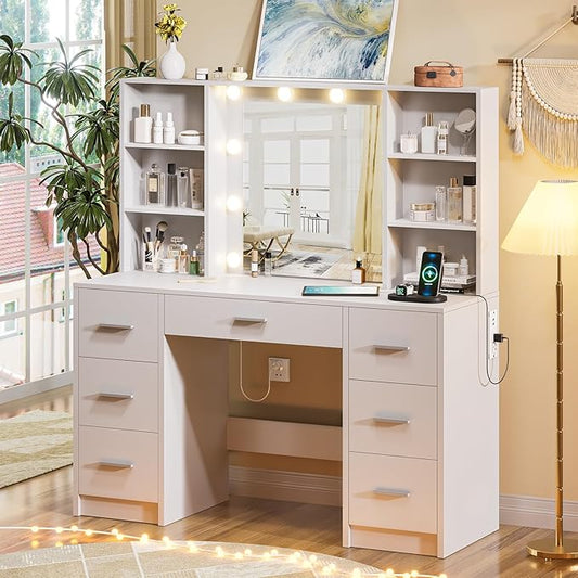 Makeup Vanity Desk with Mirror,10 Lights and Power Strip,Large Makeup Vanity with Shelves and 7 Drawers, Vanity Desk Dressing Table with 3 Color Adjustable Light,Vanity Table (White)