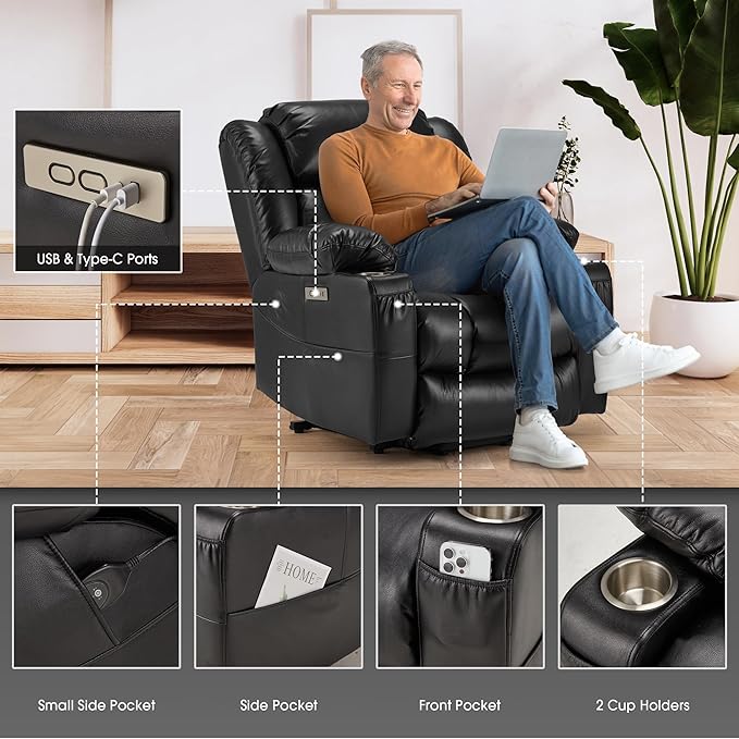 Power Lift Recliner Leather Chair Sofa with Massage & Heat, Lazy Boy Chair with Cup Holders, USB & Type-C Ports, Remote Control (Black)