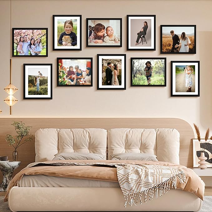 FIXSMITH 8x10 Picture Frame Set of 10, Photo Frame Bulk with HD Plexiglass, Display Pictures 5x7 with Mat or 8x10 Without Mat Multi Picture Frames Collage for Tabletop or Wall Display, Black