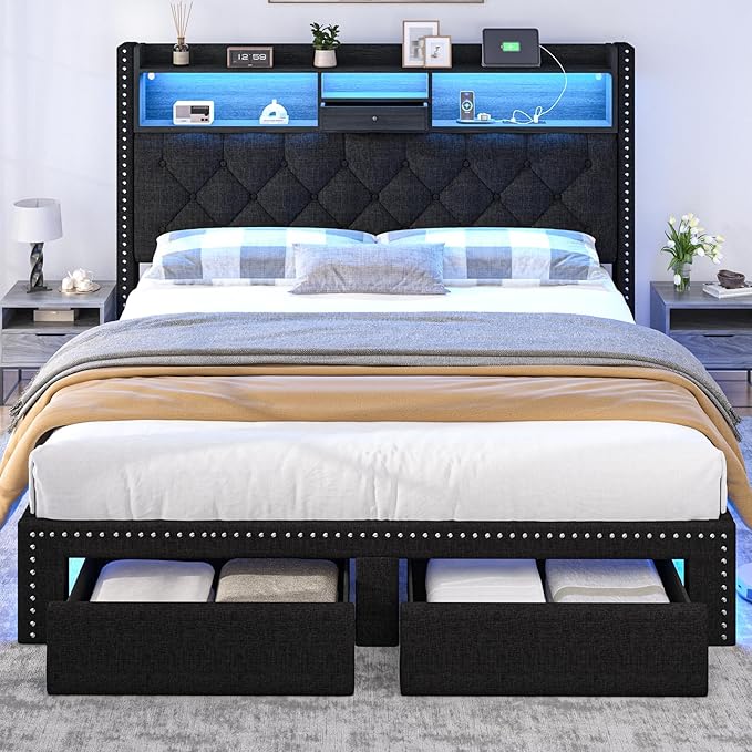 Full Size Bed Frame, Linen Storage Headboard with LED Light & Charging Station, Upholstered Platform Bed with 2 Storage Drawers, Steel Slats Support, No Box Spring Needed, Black