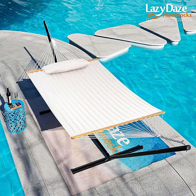 Lazy Daze 12 FT Sunbrella Quilted Double Hammock with Hardwood Spreader Bar, 450 lbs Capacity, Cream