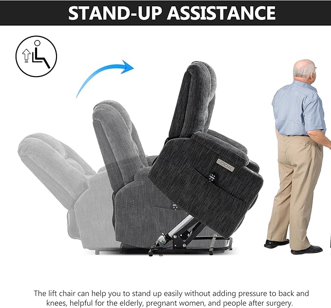 Power Lift Chair with Massage & Heat, Electric Recliner Chairs for Adults, Remote Control, Living Room Sofa, Standing Assistance, USB Ports, Stainless Steel Cup Holders, Chenill, Grey