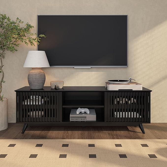 Plank+Beam Mid-Century Modern Wood TV Stand, Solid Wood Entertainment Console with Storage, 59" L x 16" W x 19" H, Black