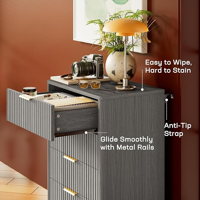 Marsail 5 Drawer Tall Wooden Dresser with Smooth-Glide Drawers, Modern Storage Solution for Bedrooms and Hallway, Featuring Large Capacity and an Elegant Natural Wood Finish, Light Grey