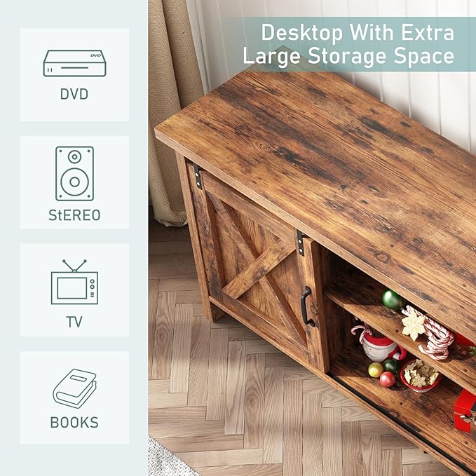 Farmhouse TV Stand for 55-65in TV with Adjustable Shelves & Sliding Barn Door - Rustic, Wooden Entertainment Center & Media Cabinet for Bedroom, Living Room (Dark Brown, 58in)