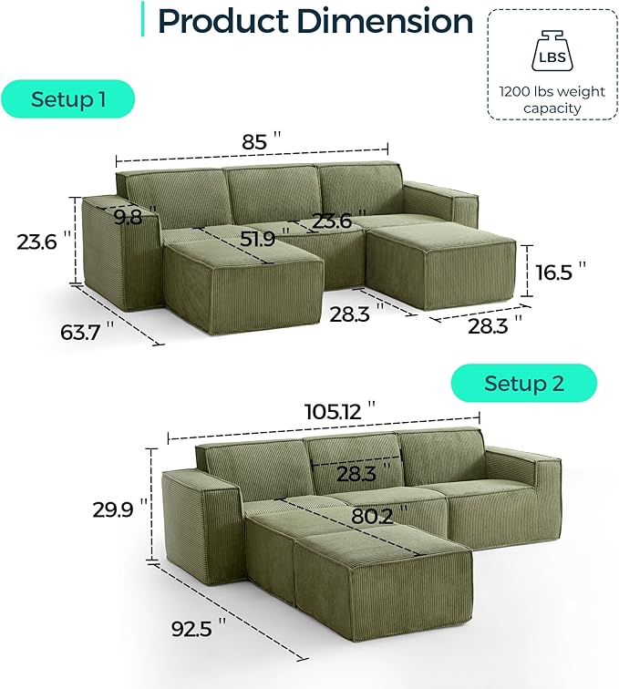 LINSY HOME Modular Sectional Sofa, 105" Boneless Couch U Shaped 3-Seat Sofa with 2 Ottomans, Corduroy Sectional Cloud Couches for Living Room, No Assembly Required, Green